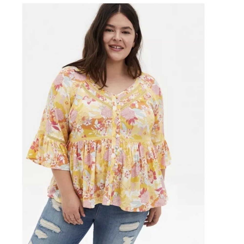 Torrid Yellow Pink Floral Bell Sleeve Embroidered Size 3X